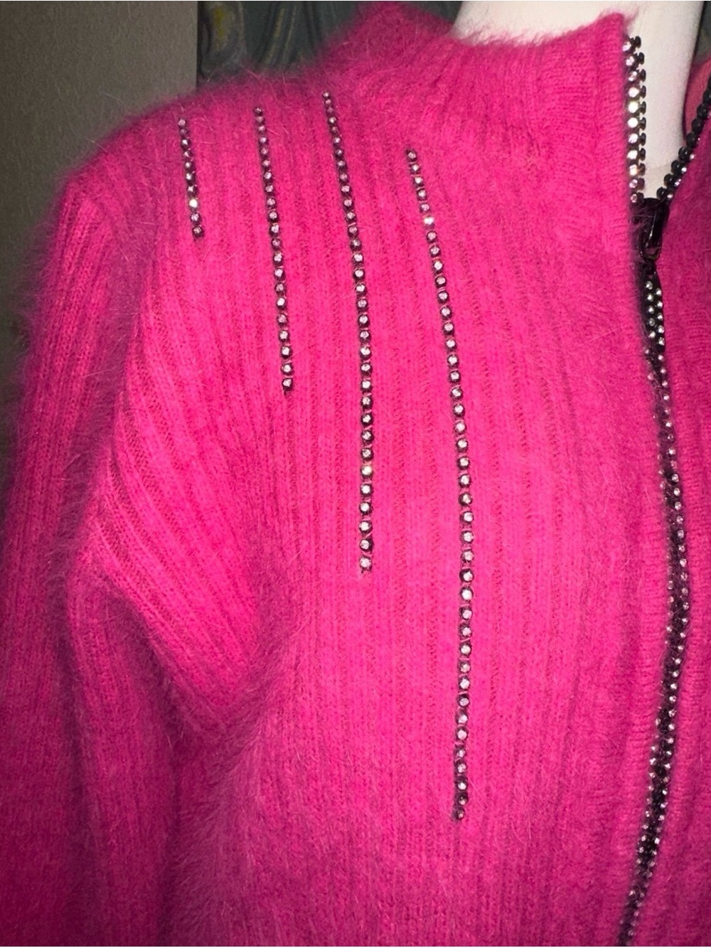Venesha Womens M 80% Angora Pink Rhinestone Zip Cardigan Sweater Y2K Fuzzy - Picture 4 of 11